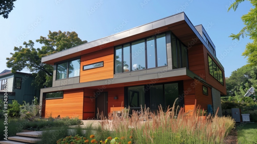 A suburban house with builtin soundproofing and privacy features designed based on data about the noise levels and privacy concerns of the neighborhood.