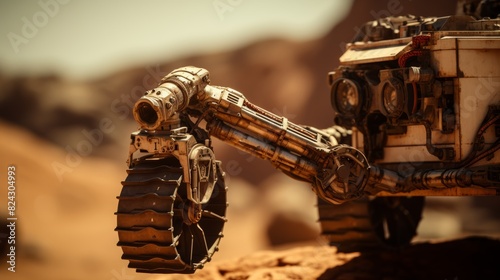 A close-up photo of a rugged and battle-scarred robot arm on a Mars rover, highlighting its resilience and adaptability in harsh environments.