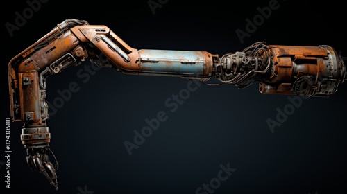 A close-up photo of a rusty and abandoned robot arm, its once powerful joints now frozen in place, capturing the passage of time and the decay of technology.