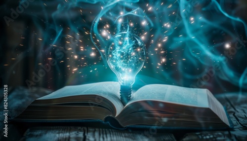 The image is about a book with magic blue light coming out of it