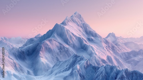 An early morning view of a mountain peak with frost and ice forming intricate patterns, highlighted by the soft pink hues of dawn. 32k, full ultra hd, high resolution