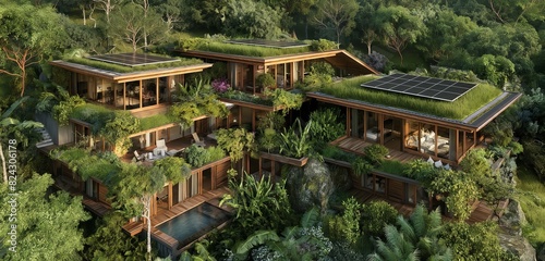 An eco-friendly luxury villa with green roofs, solar panels, and natural wood and stone materials, set in a lush forest environment. 32k, full ultra hd, high resolution