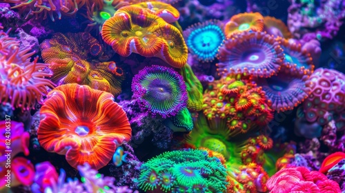 A close-up photo of a vibrant coral reef  teeming with colorful marine life.