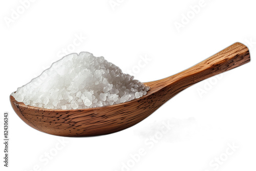 Salt in wood spoon isolated on transparent png. Salt shaker,Sea salt on wooden spoon on black background. Course and fine natural sea salt in wooden bowl isolated on white background, top view, flat.