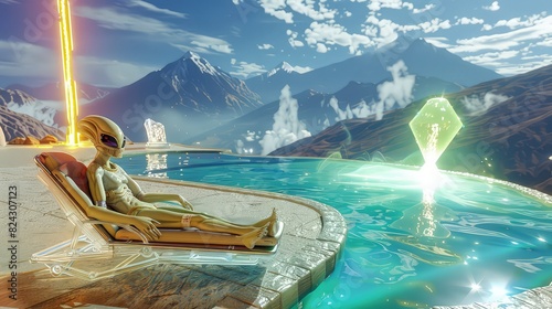 An alien sunbathing on a lounger next to a crystalline pool, with a glowing energy field and distant mountains creating a serene atmosphere. photo