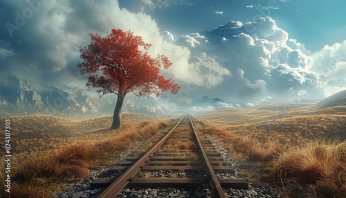 The railroad tracks stretch into the distance, with a single tree standing tall in the foreground. photo