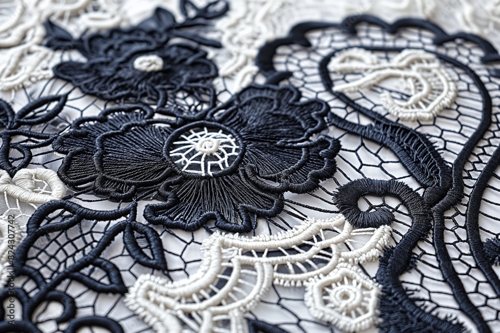 An intricate lace pattern with detailed threadwork, showcasing traditional craftsmanship in a monochrome black on white. 32k, full ultra hd, high resolution
