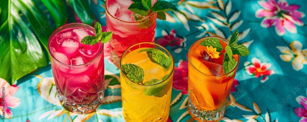 Colorful array of summer mocktails with hibiscus and mint garnishes