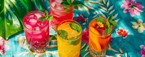 Colorful array of summer mocktails with hibiscus and mint garnishes