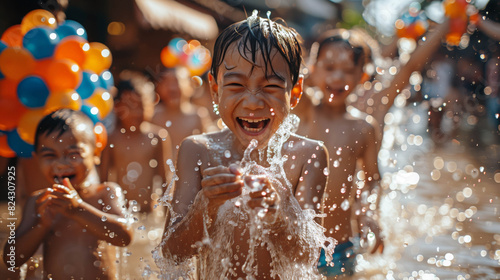Joyful children playing with water during Songkran festival celebration © ALLAI