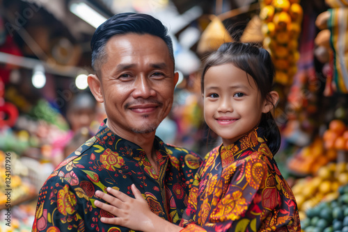 Father and daughter wearing traditional Indonesian batik attire, smiling together in a vibrant market