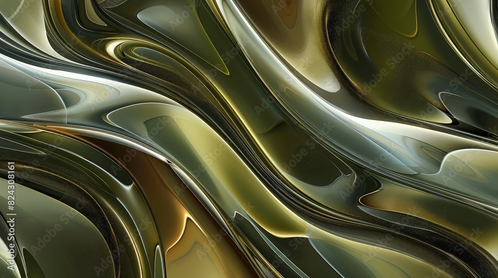 An artistic fluid art abstract background featuring flowing curves and patterns in shades of olive green, bronze, and silver, offering a polished and sophisticated design.