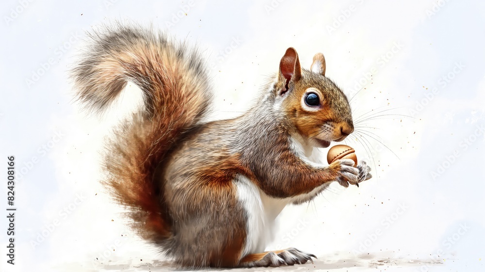 A playful watercolor image of a squirrel holding an acorn, with rich browns and soft grays, giving a lively texture to its bushy tail, set against a stark white background. A playful watercolor image of a squirrel holding an acorn, with rich browns and soft grays, giving a lively texture to its bushy tail, set against a stark white background.