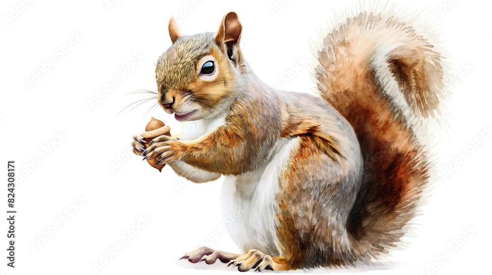 Obraz premium A playful watercolor image of a squirrel holding an acorn, with rich browns and soft grays, giving a lively texture to its bushy tail, set against a stark white background. 