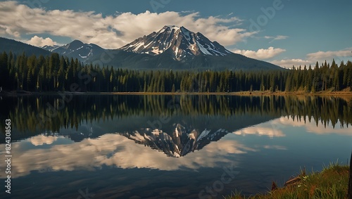 dark lake surrounded by dense green and black pine trees with a large grey mountain looming in the background. 