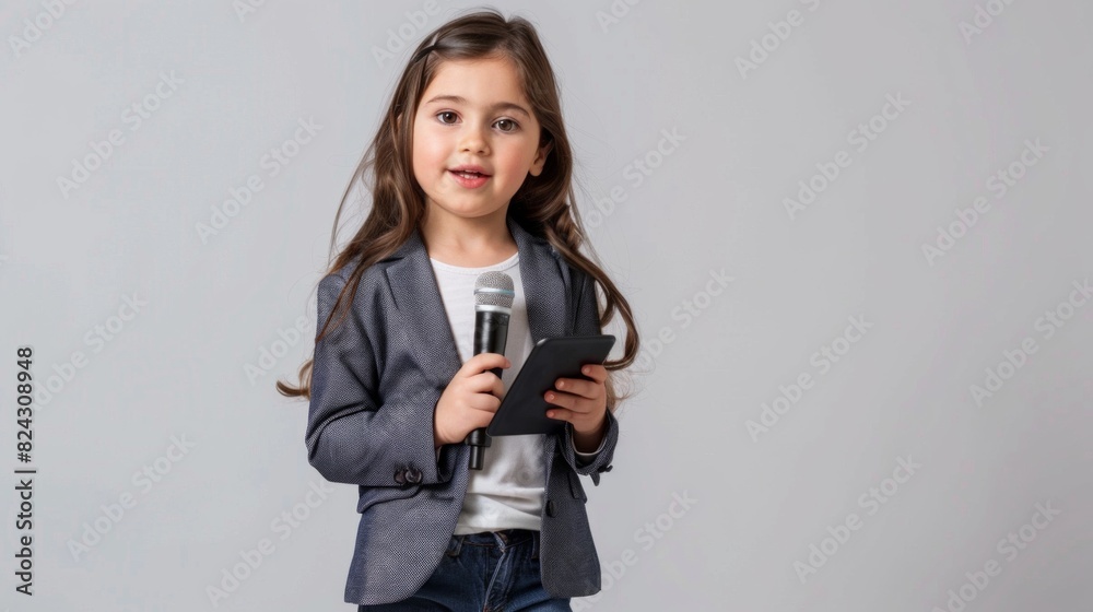 Girl standing reporting news, holding microphone and tablet, on white background, dream job Girl standing reporting news, holding microphone and tablet, on white background, dream job