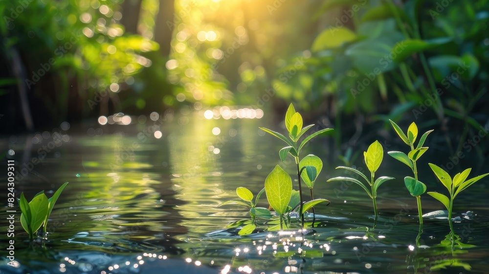 Plants growing on the sunlit surface of a tiny river Plants growing on the sunlit surface of a tiny river
