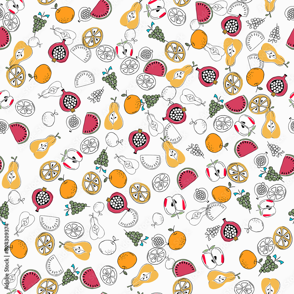 Estampa sem emendas com fundo branco e desenhos variados de frutinhas, coloridas e preto e branco, estampa delicada, infantil. Estampa sem emendas com fundo branco e desenhos variados de frutinhas, coloridas e preto e branco, estampa delicada, infantil.