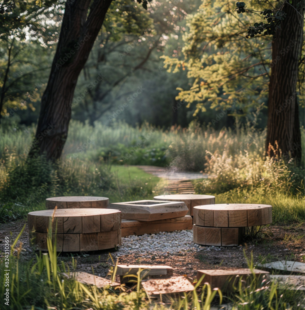 Picknick spot in Forest and soft meadow, Wooden materials, natural material, round shapes, wooden blocks, contemporary design, fire pit, natural light, soft atmosphere Picknick spot in Forest and soft meadow, Wooden materials, natural material, round shapes, wooden blocks, contemporary design, fire pit, natural light, soft atmosphere