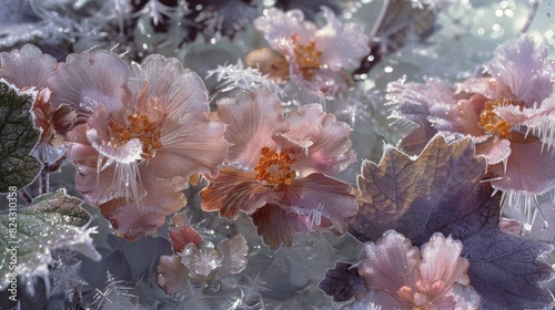A magical frozen garden with frostcovered flowers and glistening leaves.