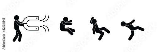 stickman magnetizes people, stick figure man icon, human silhouettes icon set, magnet pictogram