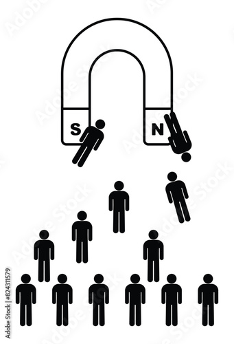 giant magnet attracts people, monochrome illustration on white background