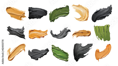 Grey, green and orange brush strokes isolated on white background. Oil paint abstract shape. Design mockup.