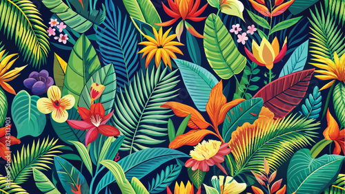 Seamless pattern of vibrant tropical leaves and exotic flowers, evoking the lushness of a tropical rainforest.