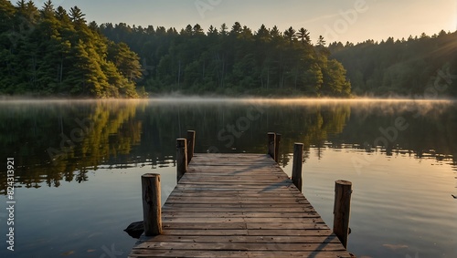  wooden dock extending out into a calm lake on a foggy summer morning