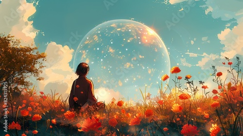 A digital illustration of a person surrounded by a protective bubble, symbolizing health. image photo