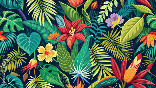 Seamless pattern of vibrant tropical leaves and exotic flowers, evoking the lushness of a tropical rainforest.