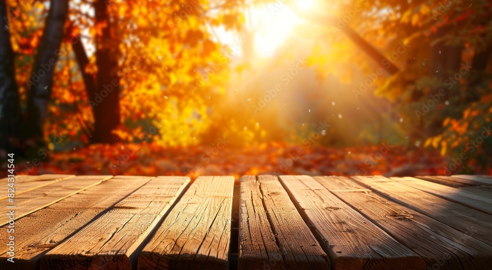 Wooden table with blurred autumn background for product display or montage your products on the wooden surface in an outdoor setting in the style of golden hour light Wooden table with blurred autumn background for product display or montage your products on the wooden surface in an outdoor setting in the style of golden hour light