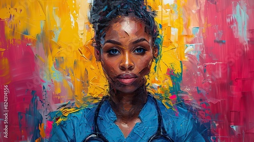 A vibrant painting of a nurse with a protective health shield. stock photo