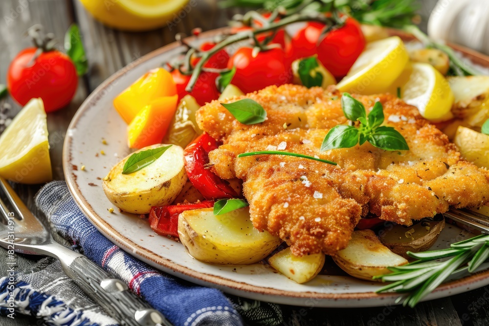 Delicious breaded schnitzel with herbs, served with potatoes and mixed vegetables Delicious breaded schnitzel with herbs, served with potatoes and mixed vegetables