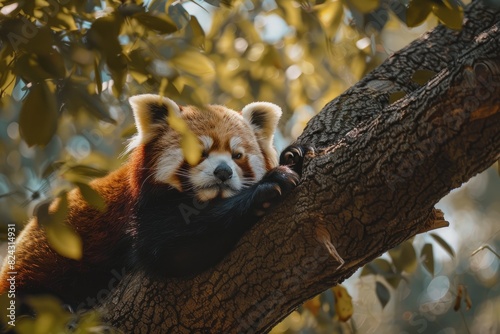 Red panda perched on a tree branch with sunlight photo