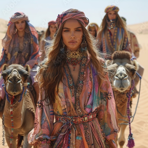 A group of women wearing colorful traditional dresses are riding camels in the desert. photo