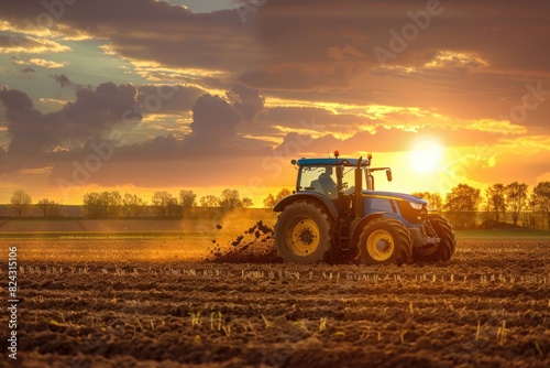 A modern tractor at work  plowing the fields during sunset  creating a dynamic rural scene