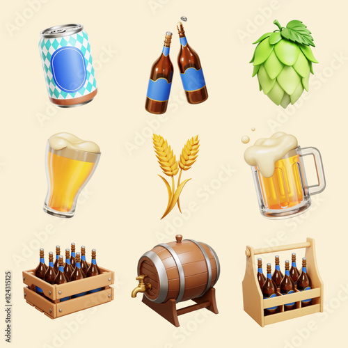 3D Oktoberfest beer elements isolated on beige background.