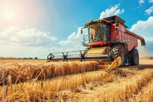 A modern combine harvester works efficiently in the golden wheat field under a blue sky