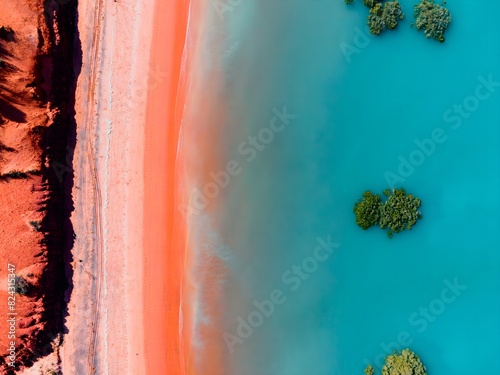 A birds eye aerial view of a orange sandy beach meeting turquoise blue water with mangrove trees