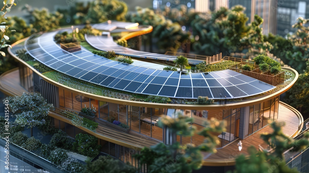An eco-conscious house model with flexible solar panels on the curved roof, providing renewable electricity amidst an urban setting.