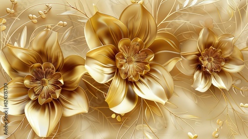 An elegant abstract gold floral texture featuring symmetrical petals and graceful vines, offering a lavish and timeless design.