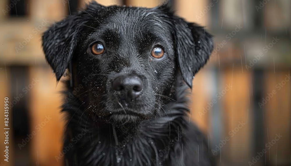 A black dog with wet fur stares intently at the camera. Its brown eyes are full of curiosity and wonder.
