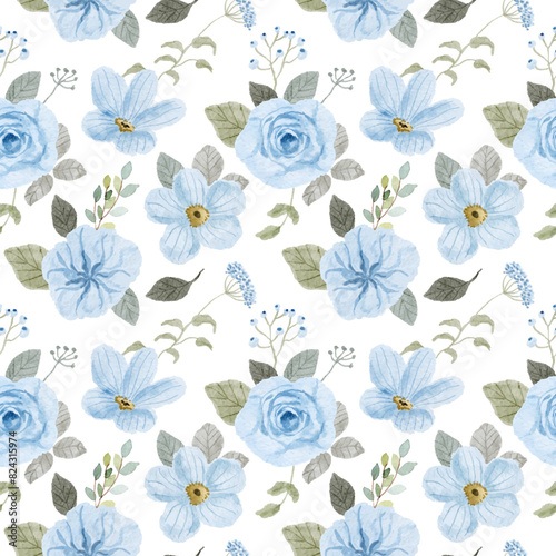 soft blue floral watercolor seamless pattern