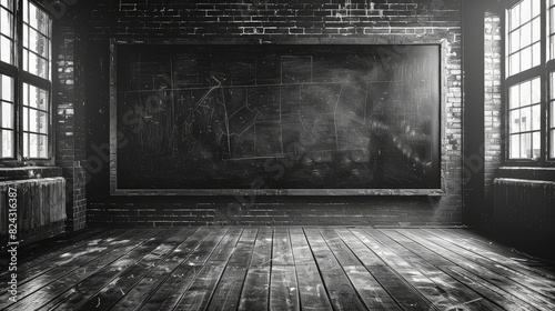 A dark, abandoned room with a large chalkboard, two windows, and wooden floor.  The room is lit by sunlight streaming through the windows. photo