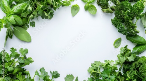 An elegant frame of assorted herbs and greens like parsley, cilantro, and basil on a plain white background.