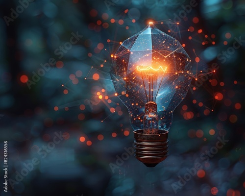 A glowing light bulb with a futuristic, polygonal design, surrounded by shimmering particles, against a blurred background.  The image represents innovation and creativity. photo