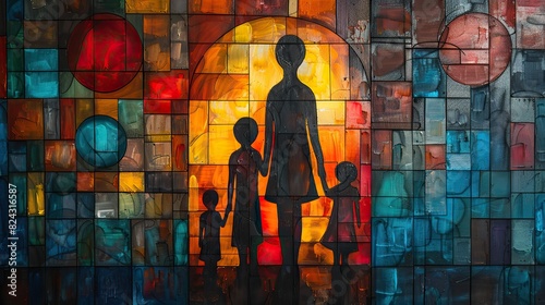 A vibrant painting of a family under a health shield. photo
