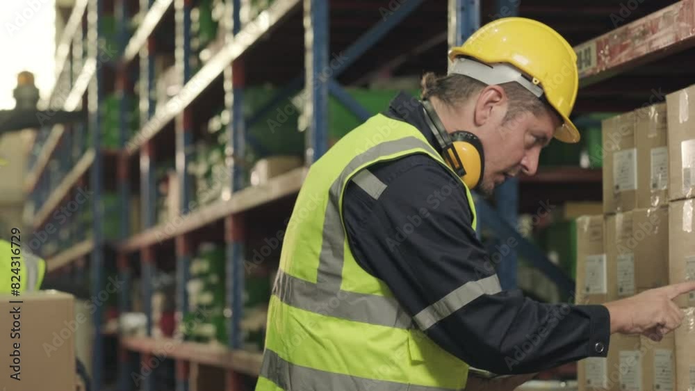 Male and Female Supervisors working and discussing Product Delivery full of Shelves in warehouse. Male and Female Supervisors working and discussing Product Delivery full of Shelves in warehouse.