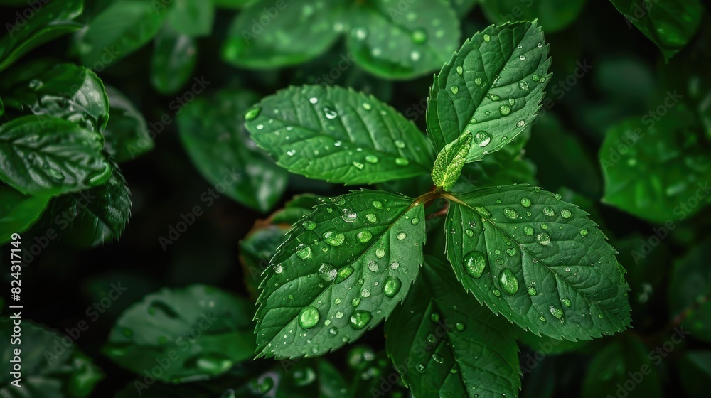 The plant s green leaves are moist The plant s green leaves are moist